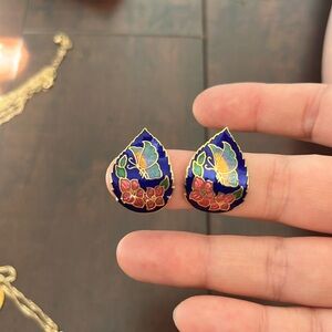 Vintage Butterly Roses Teardrop Curved Cloisonné Earrings